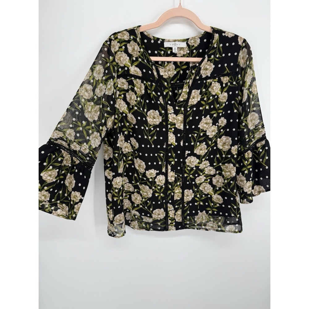 Fever Sheer Floral Polka Dot Blouse Black Boho Bell Sleeve Split V-Neck Size M